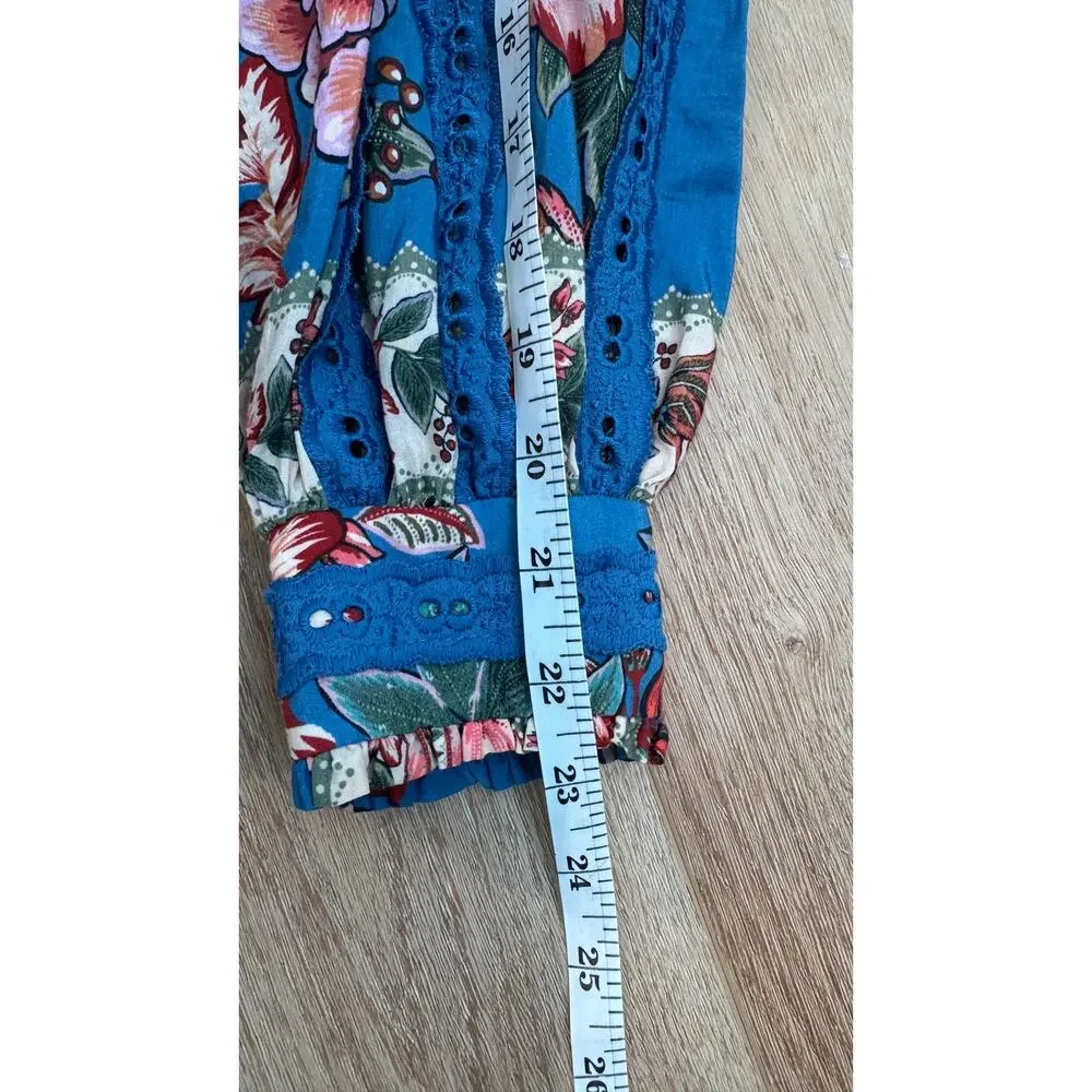 Farm Rio Wonderful Bouquet Floral Blue Long Sleeve Blouse Size Small